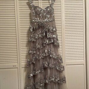 Off Shoulder Silver Sparkly Tiered Prom Dress